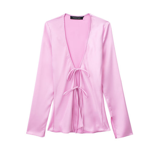 Spring Women Clothing Loose Bow Silk Satin Textured Shirt for Women-Pink-Fancey Boutique
