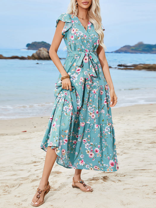 Women Printed Floral Waist Strap V Neck Short Sleeved Dress Bohemian Holiday Beach dress-Blue-Fancey Boutique