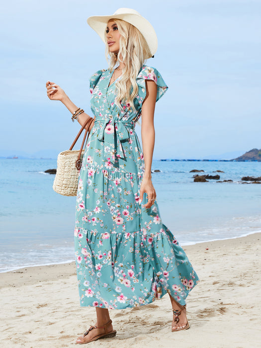 Women Printed Floral Waist Strap V Neck Short Sleeved Dress Bohemian Holiday Beach dress-Fancey Boutique