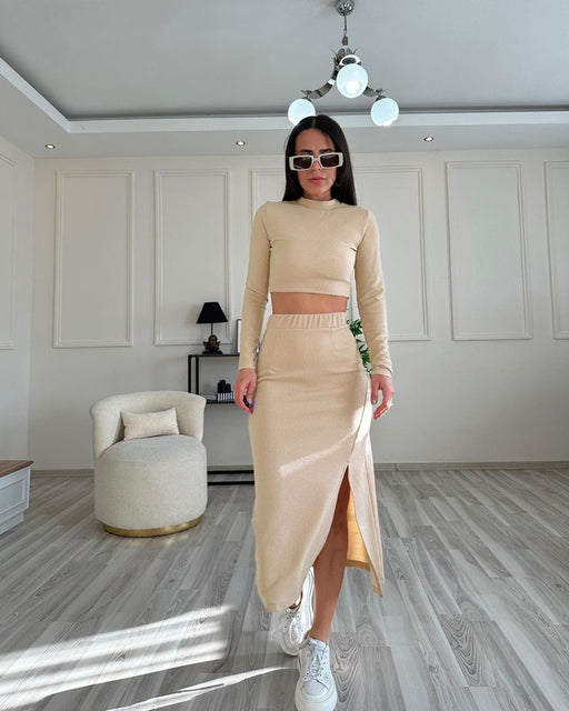 Spring Autumn Solid Color Round Neck Long Sleeve Women Two Piece Suit Split Skirt Set-Fancey Boutique