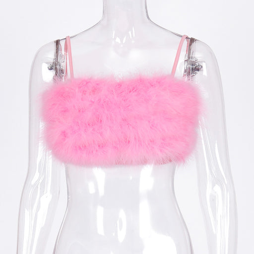 Color-Pink-Summer Autumn Women Fur Spaghetti Straps Corset Camisole-Fancey Boutique