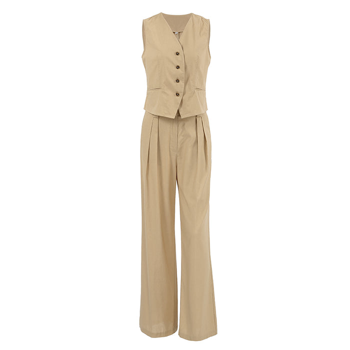 Solid Color Cotton Linen Office V neck Vest Trousers Two Piece Summer All-Matching Casual Set Women-Fancey Boutique