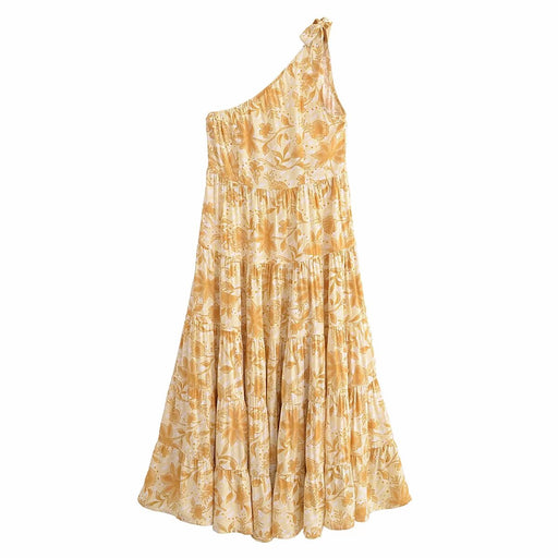 Spring Women Clothing Casual Printed Oblique Shoulder Asymmetric Dress-Fancey Boutique