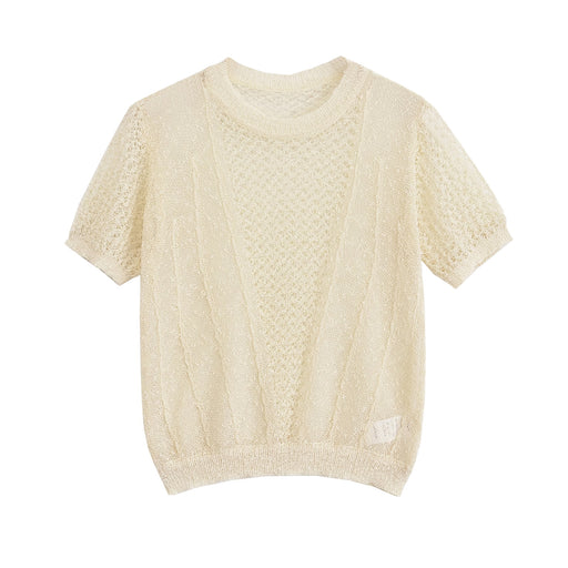 Spring Women Clothing Jacquard Mesh Knitted Short Sleeved Top-Ivory-Fancey Boutique