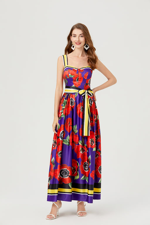 Women Summer Print Halter Dress Swing Maxi Dress-Red-Fancey Boutique