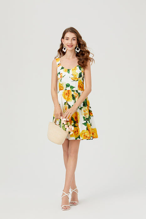 Women Summer Sleeveless Floral A Line Elegant Dress-Yellow-Fancey Boutique