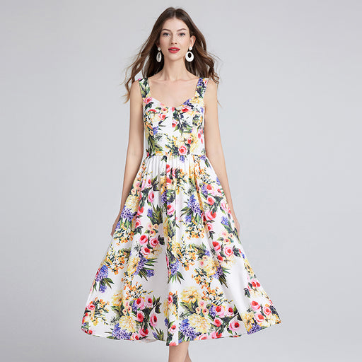 Women Summer Sleeveless Floral A Line Elegant Dress-White-Fancey Boutique