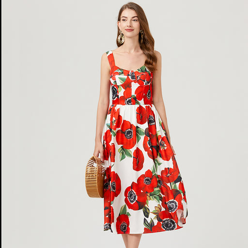 Women Summer Sleeveless Floral A Line Elegant Dress-Red-Fancey Boutique