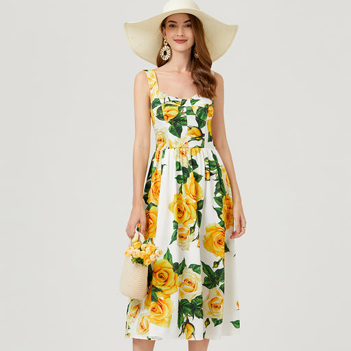 Women Summer Sleeveless Floral A Line Elegant Dress-Yellow-Fancey Boutique