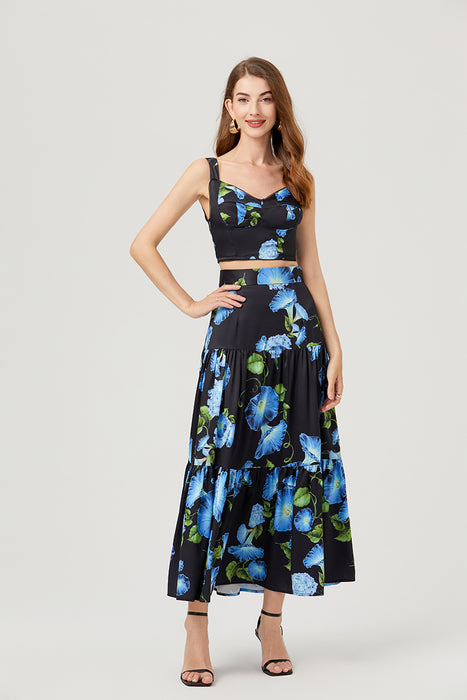 Women Summer Floral Short Strapless Top High Waist Skirt Two Piece Set-Fancey Boutique