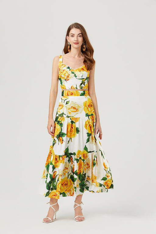 Women Summer Floral Short Strapless Top High Waist Skirt Two Piece Set-Yellow-Fancey Boutique