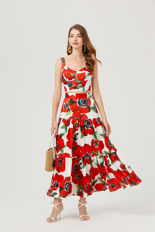 Women Summer Floral Short Strapless Top High Waist Skirt Two Piece Set-Red-Fancey Boutique
