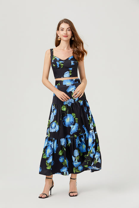 Women Summer Floral Short Strapless Top High Waist Skirt Two Piece Set-Multi-2-Fancey Boutique