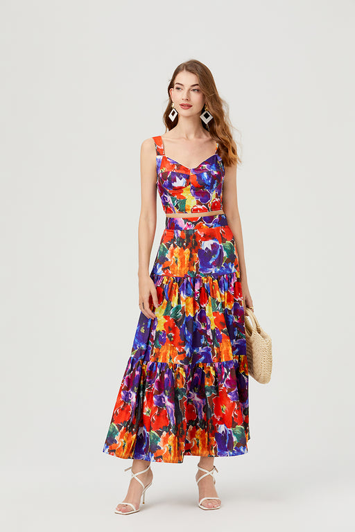 Women Summer Floral Short Strapless Top High Waist Skirt Two Piece Set-Multi-1-Fancey Boutique