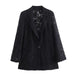 Padded Shoulder Lace Suit Women Coat Lace Midi Skirt Set-Black Coat-Fancey Boutique