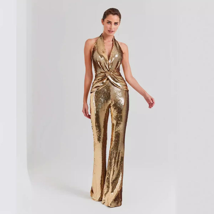 Summer High End Elegant Sequined Light Luxury Halter Jumpsuit Cocktail Host Annual Meeting Performance Dress for Women-Gold-Fancey Boutique