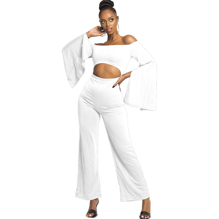 Boutique Casual Solid Color Long Sleeves Cropped off Shoulder Jumpsuit-2# White-Fancey Boutique