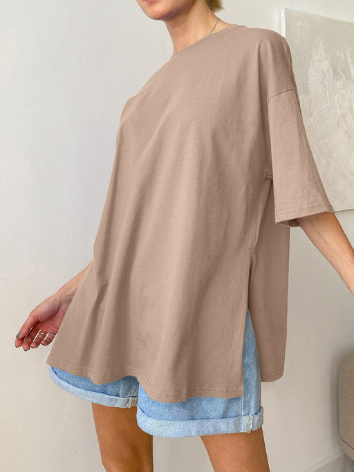 Summer Loose Split Cotton Short Sleeved T Shirt Women Comfortable Round Neck Solid Color-Fancey Boutique