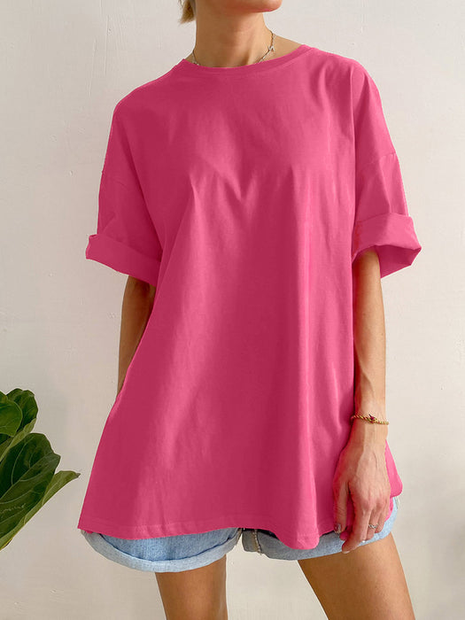 Summer Loose Split Cotton Short Sleeved T Shirt Women Comfortable Round Neck Solid Color-Fancey Boutique