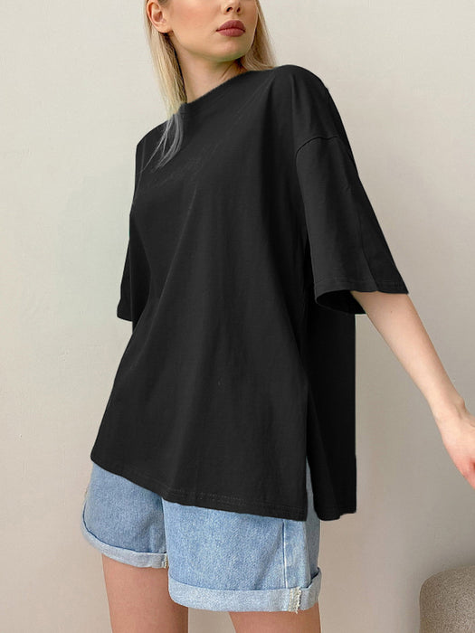 Summer Loose Split Cotton Short Sleeved T Shirt Women Comfortable Round Neck Solid Color-Fancey Boutique