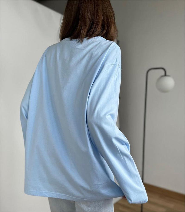 Spring Autumn Solid Color Long Sleeved T Shirt Women Loose Basic Casual Cotton Top-Fancey Boutique