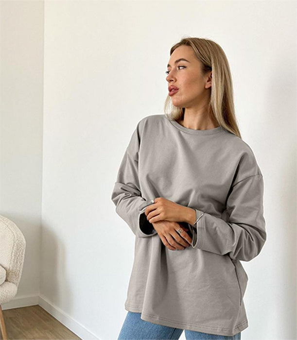 Spring Autumn Solid Color Long Sleeved T Shirt Women Loose Basic Casual Cotton Top-Fancey Boutique