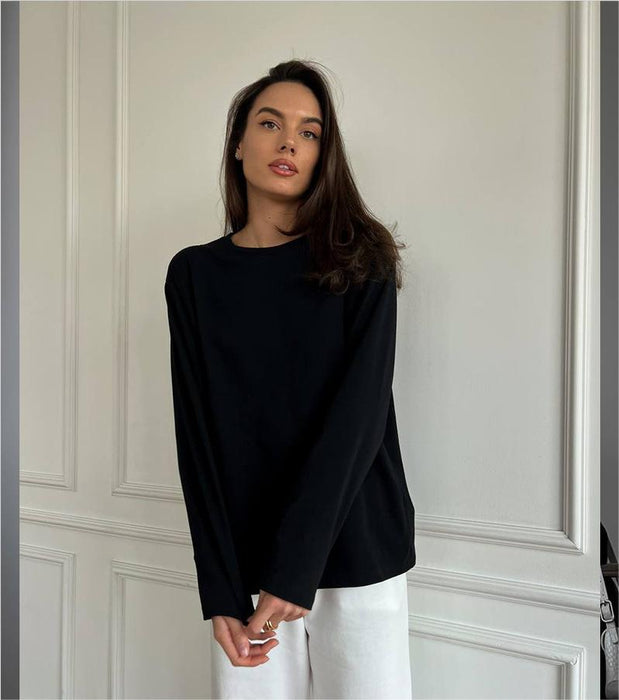 Spring Autumn Solid Color Long Sleeved T Shirt Women Loose Basic Casual Cotton Top-Fancey Boutique