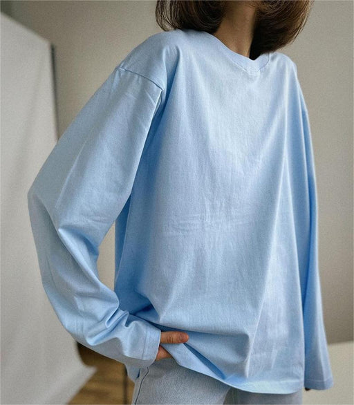 Spring Autumn Solid Color Long Sleeved T Shirt Women Loose Basic Casual Cotton Top-Light Blue-Fancey Boutique