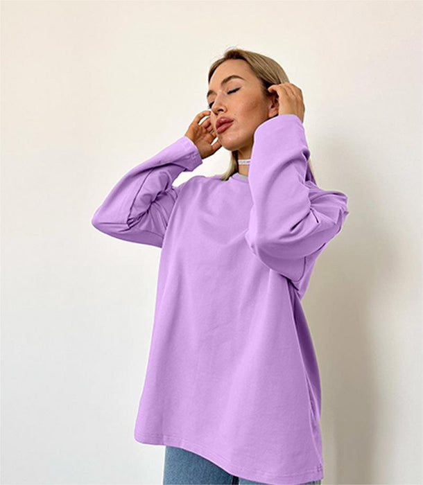 Spring Autumn Solid Color Long Sleeved T Shirt Women Loose Basic Casual Cotton Top-Lavender-Fancey Boutique