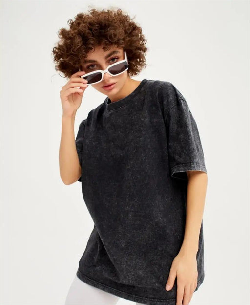 Spring Summer Solid Color T Shirt Women Washed Old Batik Top Cotton Short Sleeve-Black-Fancey Boutique