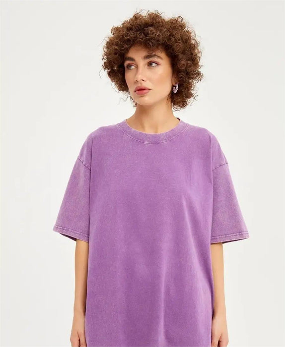 Spring Summer Solid Color T Shirt Women Washed Old Batik Top Cotton Short Sleeve-Purple-Fancey Boutique
