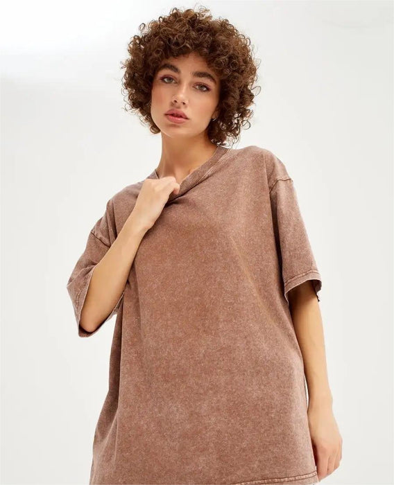 Spring Summer Solid Color T Shirt Women Washed Old Batik Top Cotton Short Sleeve-Camel-Fancey Boutique