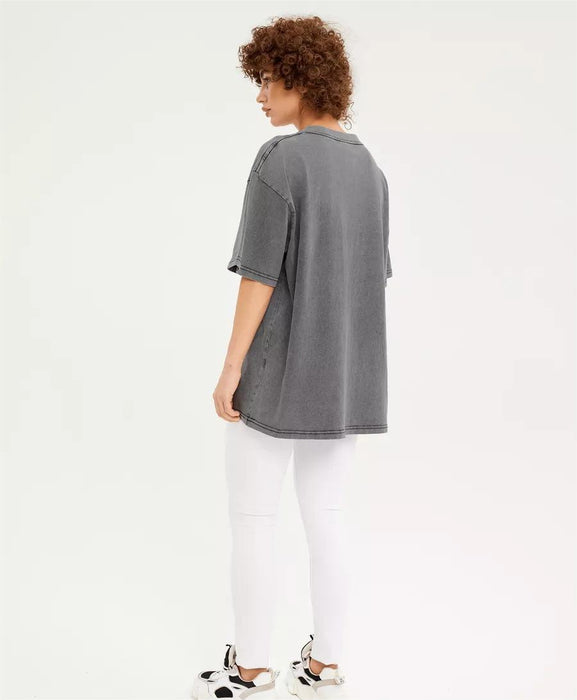 Spring Summer Solid Color T Shirt Women Washed Old Batik Top Cotton Short Sleeve-Fancey Boutique