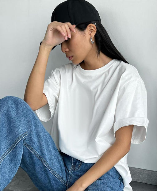 Spring Summer Solid Color Short Sleeved Women Loose Large Cotton T Shirt Simple Top-White-Fancey Boutique