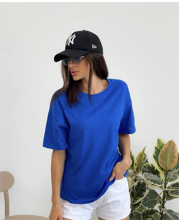 Spring Summer Solid Color Short Sleeved Women Loose Large Cotton T Shirt Simple Top-Blue-Fancey Boutique