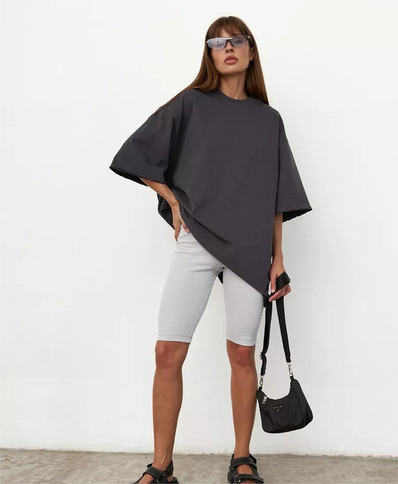 Spring Summer Cotton T Shirt Solid Color Short Sleeve Women Loose Large Version-Dark Grey-Fancey Boutique