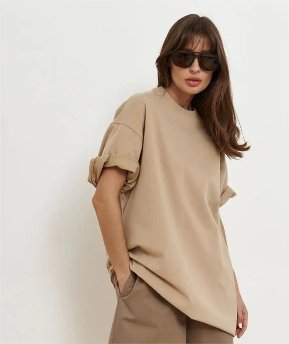 Spring Summer Cotton T Shirt Solid Color Short Sleeve Women Loose Large Version-Khaki-Fancey Boutique