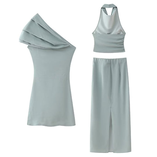 Asymmetric Dress Stretch Hanging Collar Top Stretch Midi Skirt Skirt Set-Fancey Boutique
