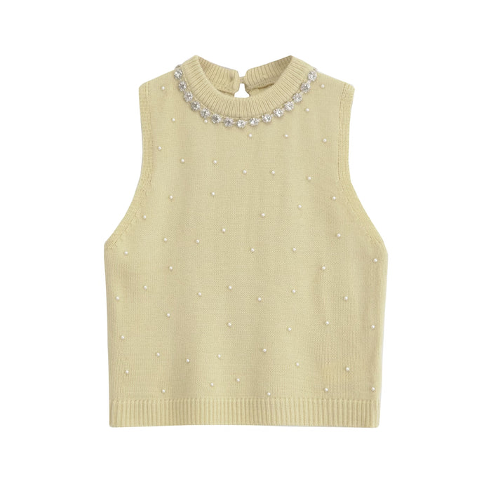 Spring Women Artificial Pearl Jewelry Inlaid Knitted Top-Yellow-Fancey Boutique