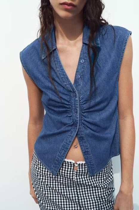 Summer Women Clothing Pleated Decorative Denim Vest Top-Tank Top-Fancey Boutique