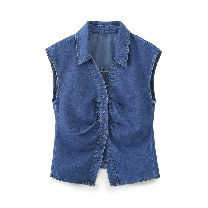 Summer Women Clothing Pleated Decorative Denim Vest Top-Tank Top-Blue-Fancey Boutique