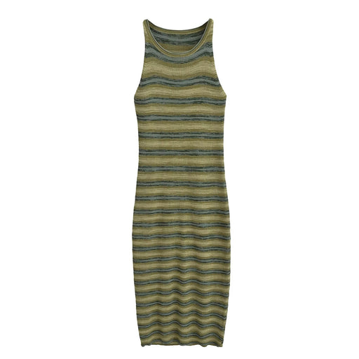 French Vacation Striped Contrast Color Sleeveless Vest Dress Women Spring Summer Slim-Fit Slimming Sense Design Knitted Dress-Green-Fancey Boutique
