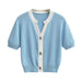 Women Clothing Classic Color Contrasting Stripe V Neck Metal Button Short Sleeve Sweater Chic-Skyblue-Fancey Boutique