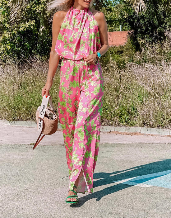 Ladies Summer Boho Casual Pink Floral Halter Straight Jumpsuit-Fancey Boutique