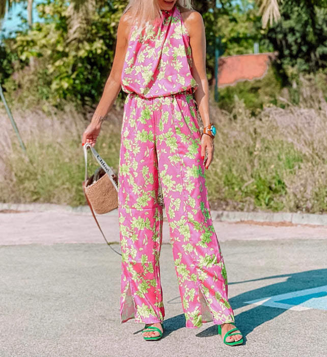 Ladies Summer Boho Casual Pink Floral Halter Straight Jumpsuit-Fancey Boutique