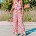 Ladies Summer Boho Casual Pink Floral Halter Straight Jumpsuit-Fancey Boutique