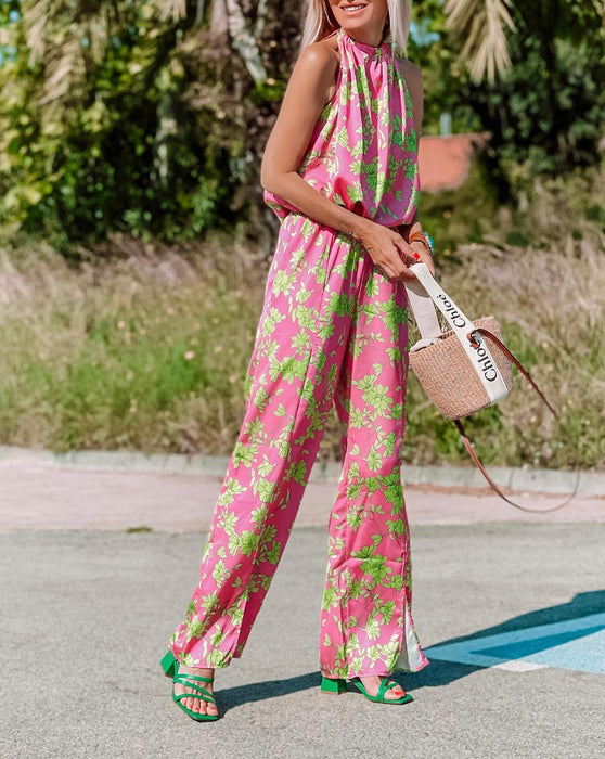 Ladies Summer Boho Casual Pink Floral Halter Straight Jumpsuit-Pink-Fancey Boutique