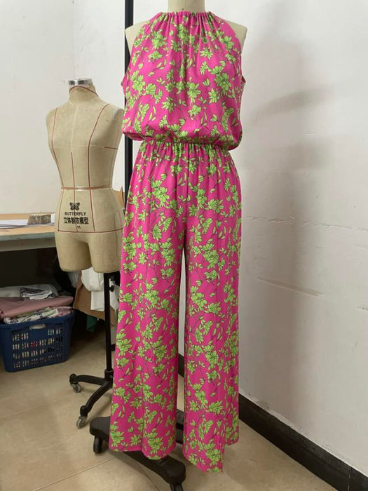 Ladies Summer Boho Casual Pink Floral Halter Straight Jumpsuit-Fancey Boutique