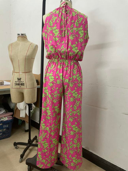 Ladies Summer Boho Casual Pink Floral Halter Straight Jumpsuit-Fancey Boutique