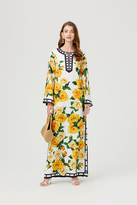Women Spring Fall Button Floral Elegant A Line Maxi Dress-Fancey Boutique